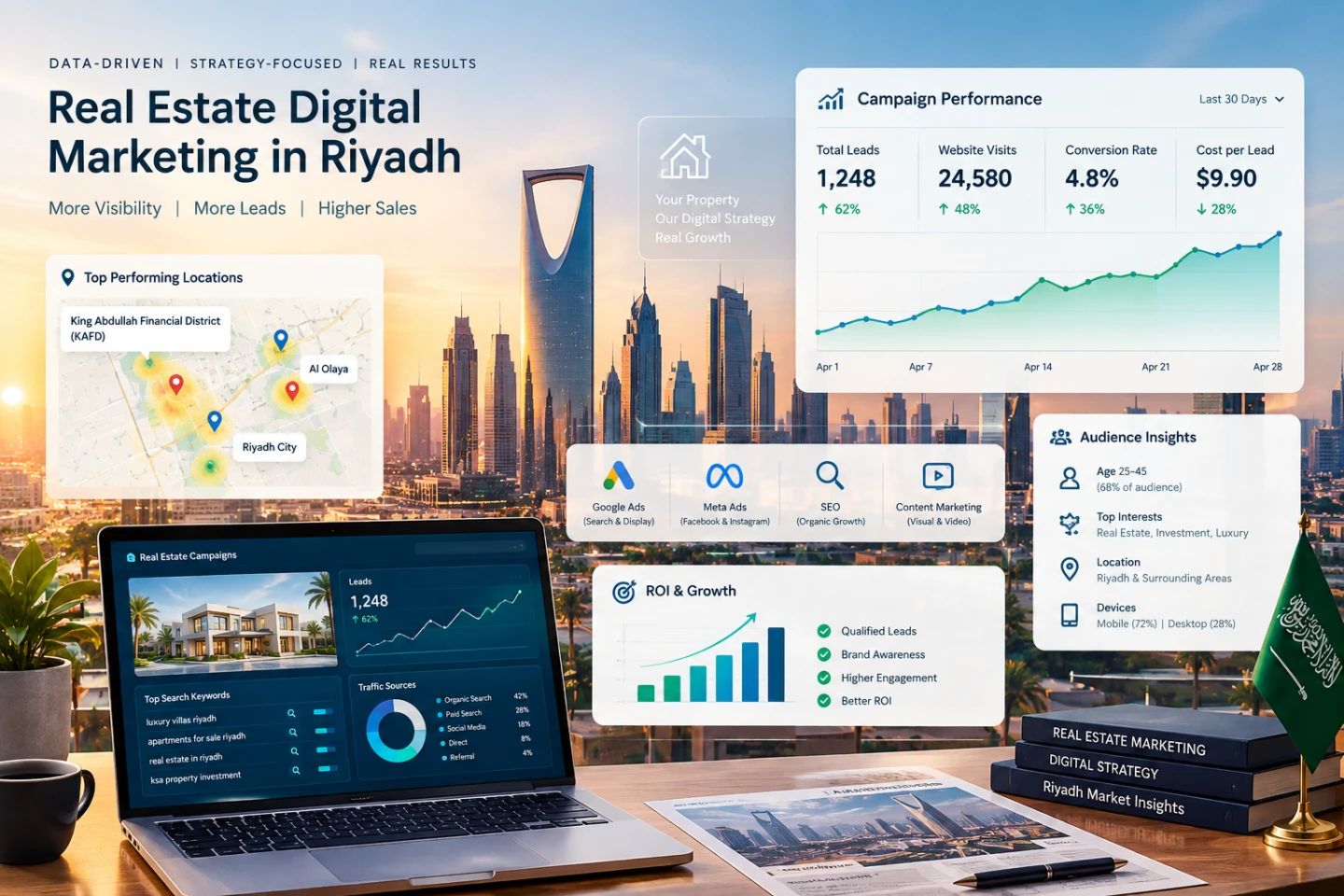 Real estate digital marketing dashboard showing campaign performance, SEO analytics, audience insights, and ROI in Riyadh