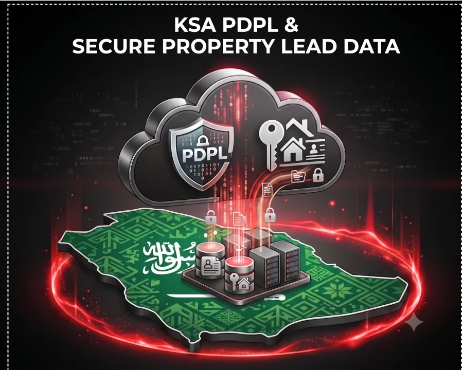 KSA PDPL and secure property lead data concept with Saudi Arabia map, cloud security, property records, and protected data infrastructure