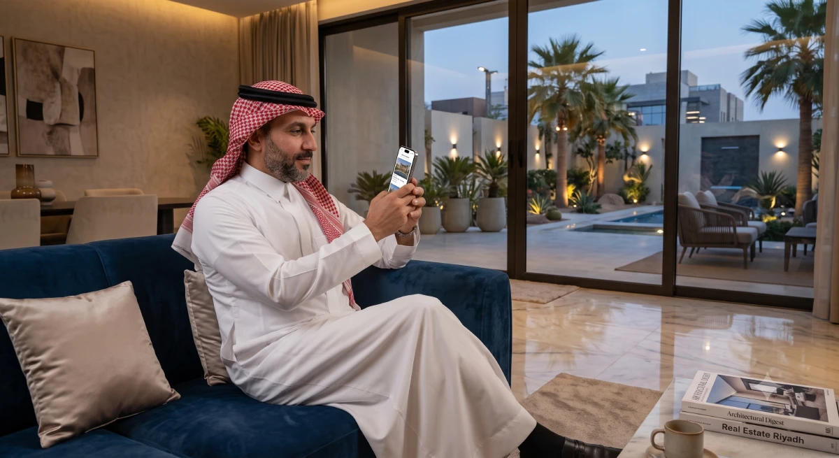 Saudi real estate buyer viewing a luxury property on a smartphone in Riyadh