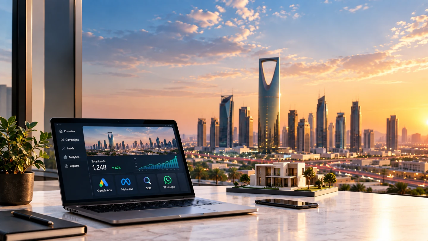 Digital marketing for real estate in Riyadh with Riyadh skyline, property analytics dashboard, and luxury villa model