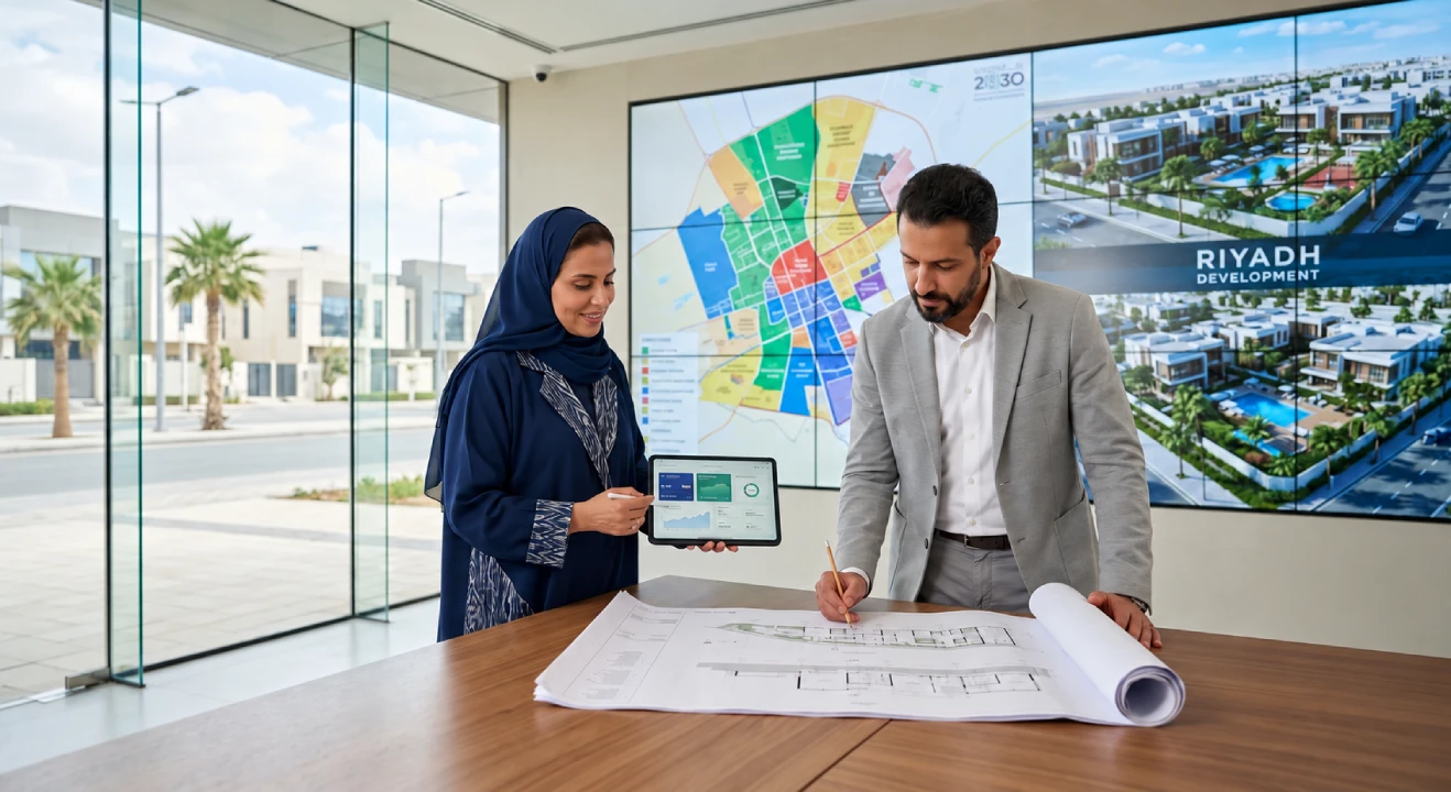 Real estate professionals analyzing Riyadh property development plans and marketing data